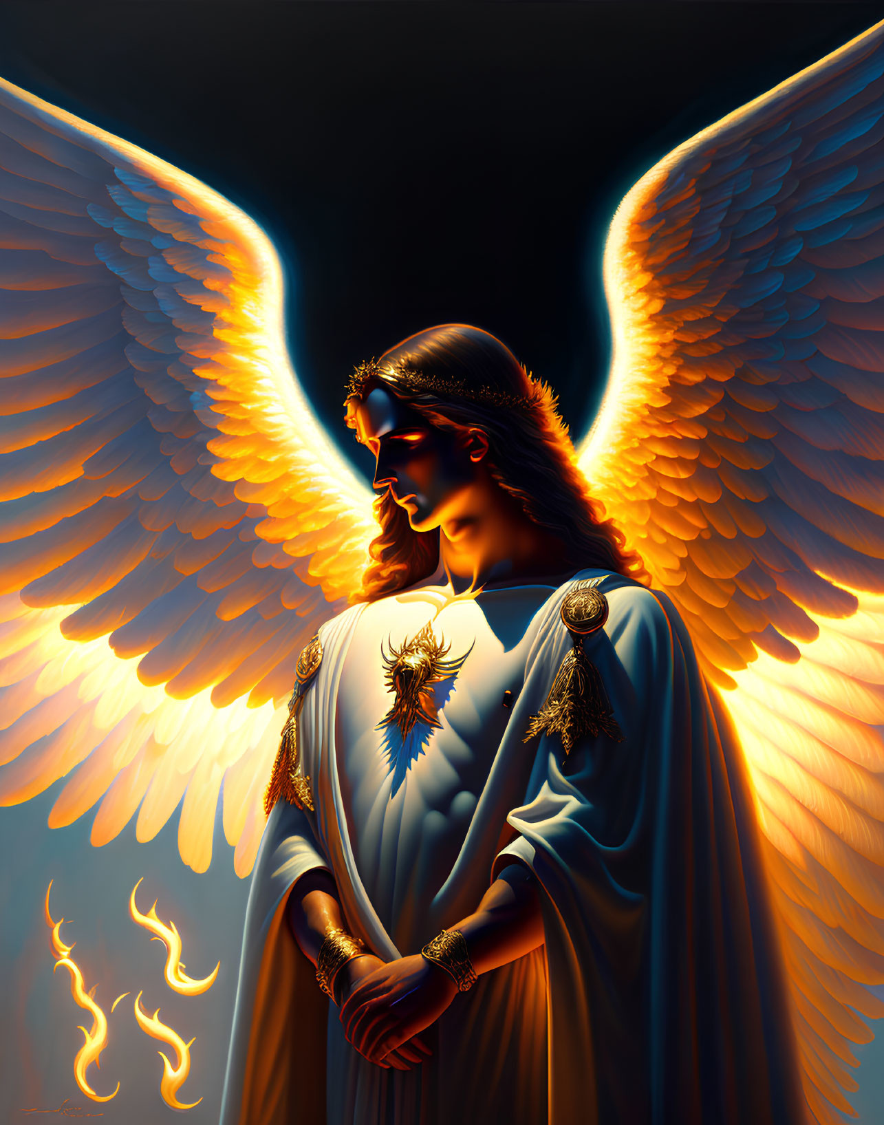 Majestic angelic figure with luminous wings and regal attire