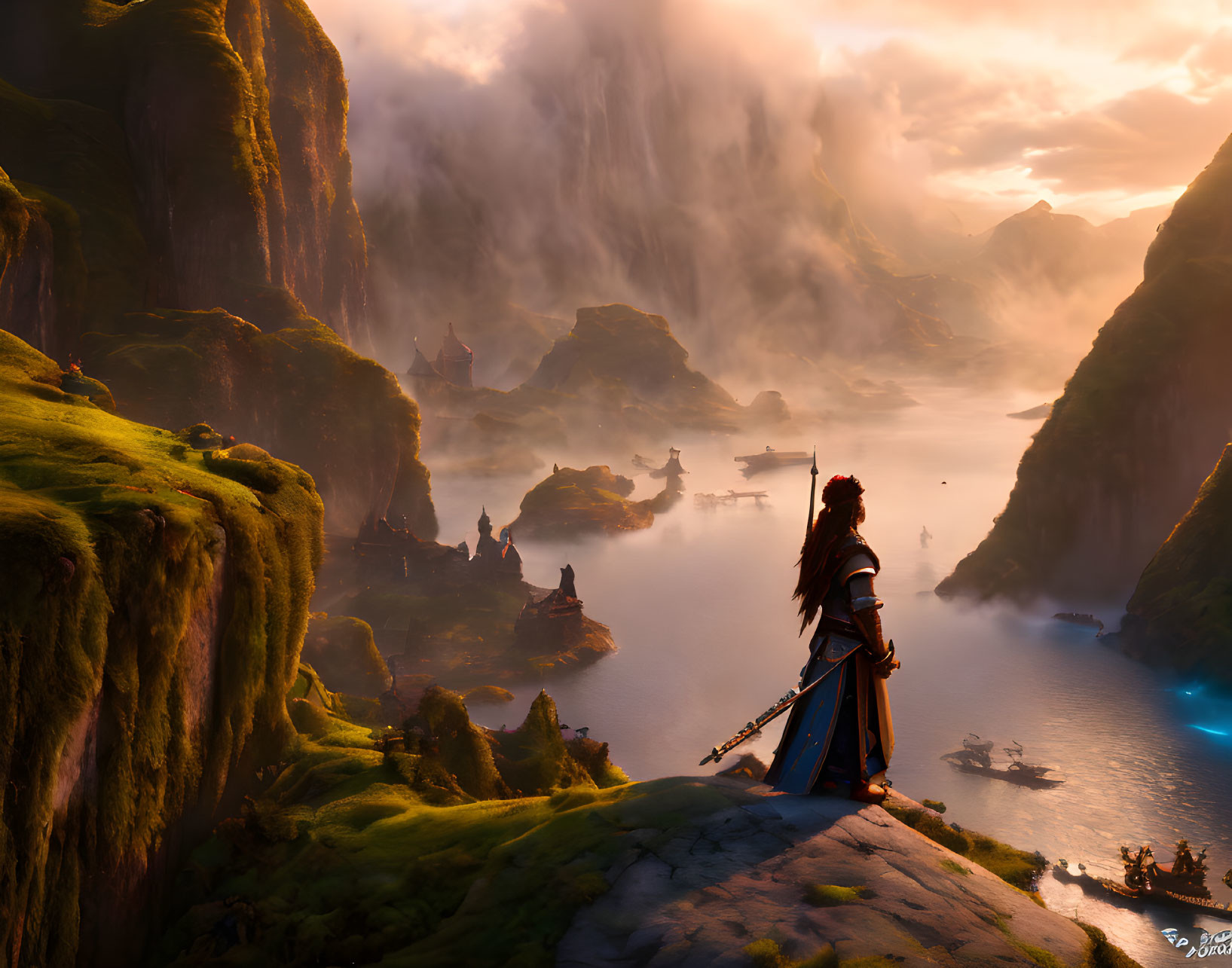 Warrior overlooking mystical valley with cliffs, misty waters, and ancient structures at sunrise or sunset