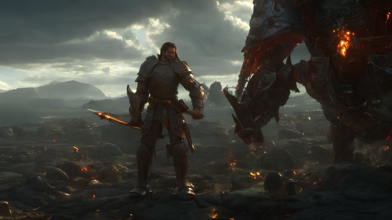 Armored knight faces fiery beast on rocky terrain with dramatic sky.