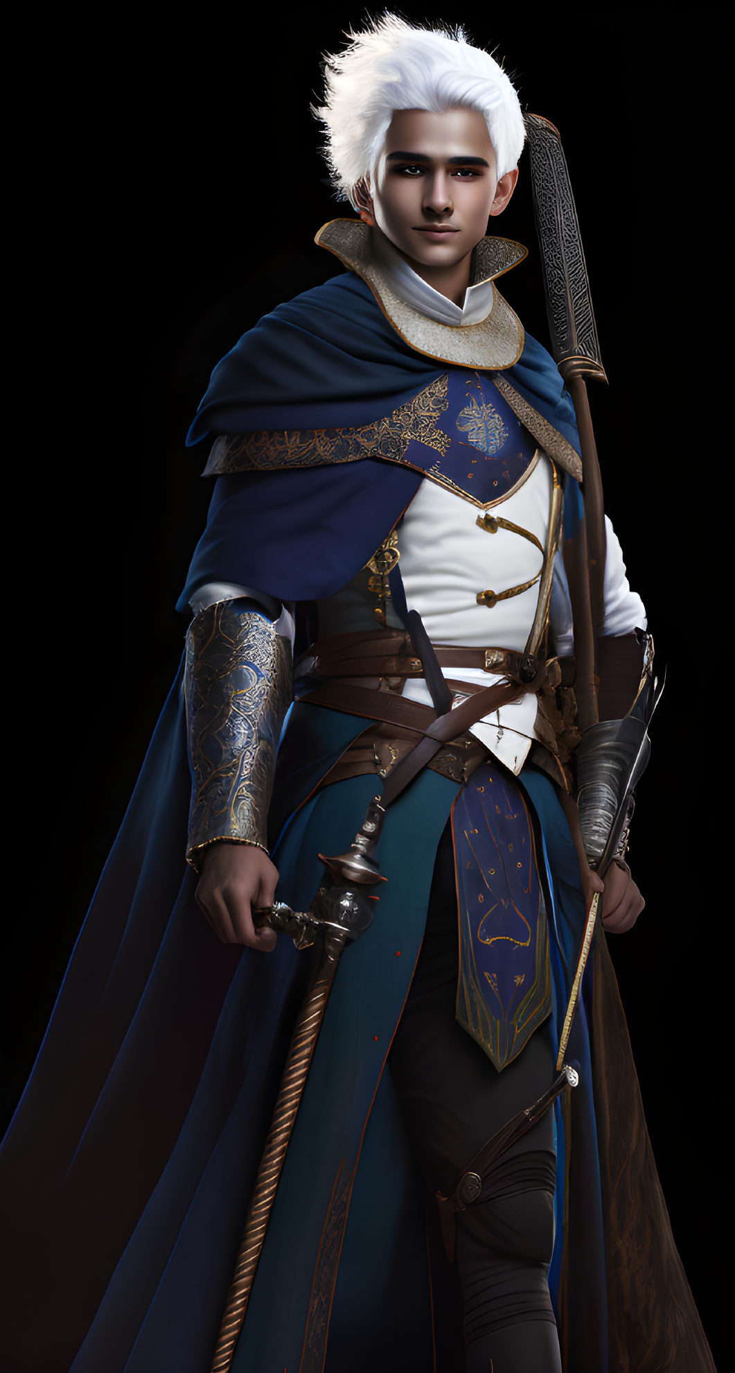 Fantasy character with white hair and sword in blue & gold cloak