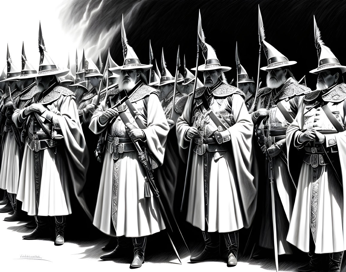 Monochromatic illustration of uniformed men with rifles and pointed hats