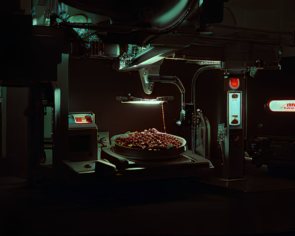 Colorful Candy Bowl Under Industrial Robotic Arm in Moody Lighting