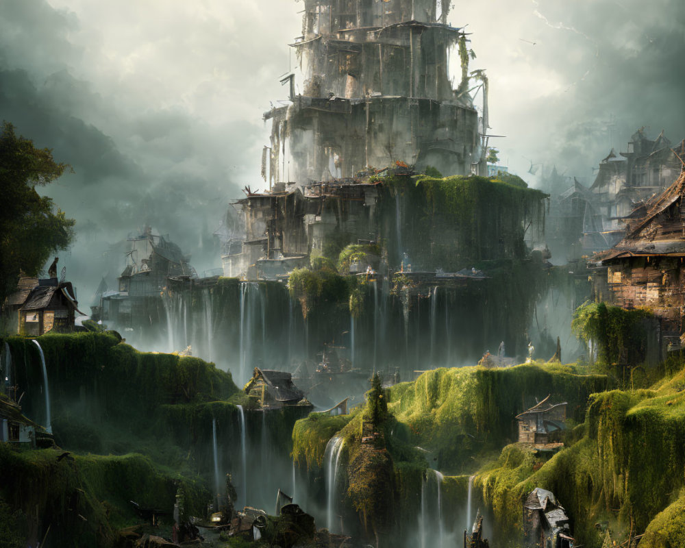 Mystical multi-tiered city with cascading waterfalls and lush green cliffs