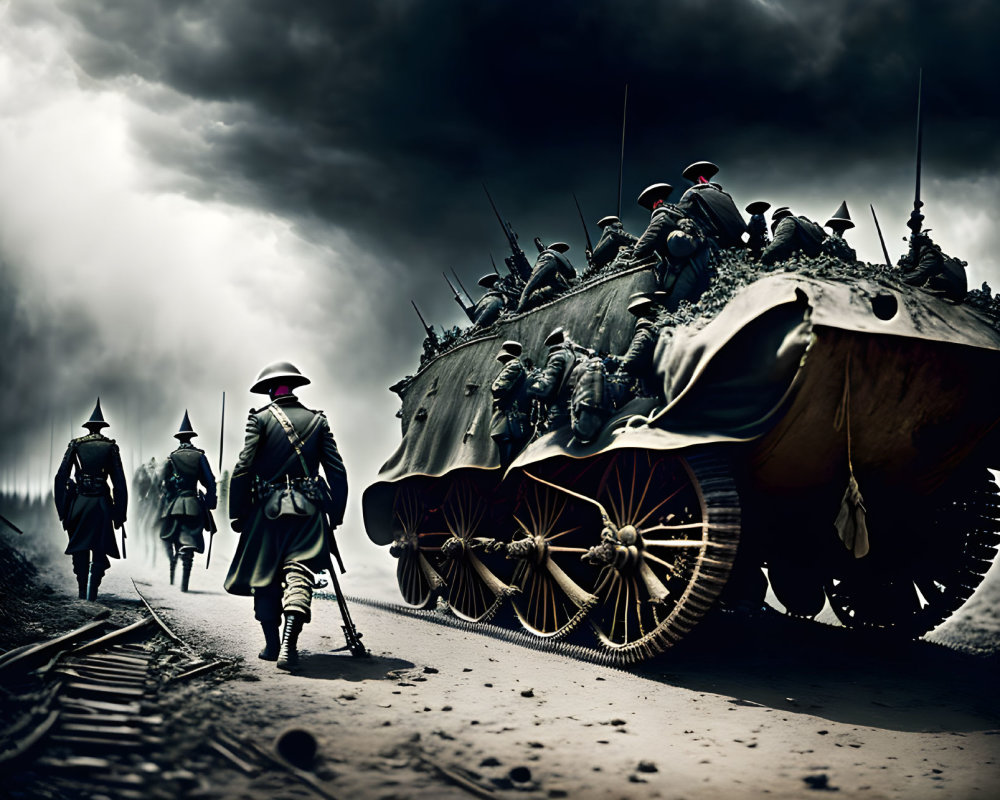 Military tank and soldiers moving on railway tracks under dramatic sky, evoking tense wartime ambiance.