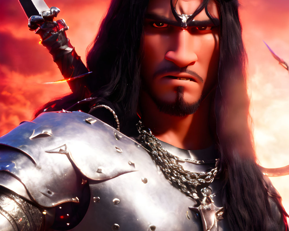 Animated knight with black hair, silver armor, sword, and fiery backdrop