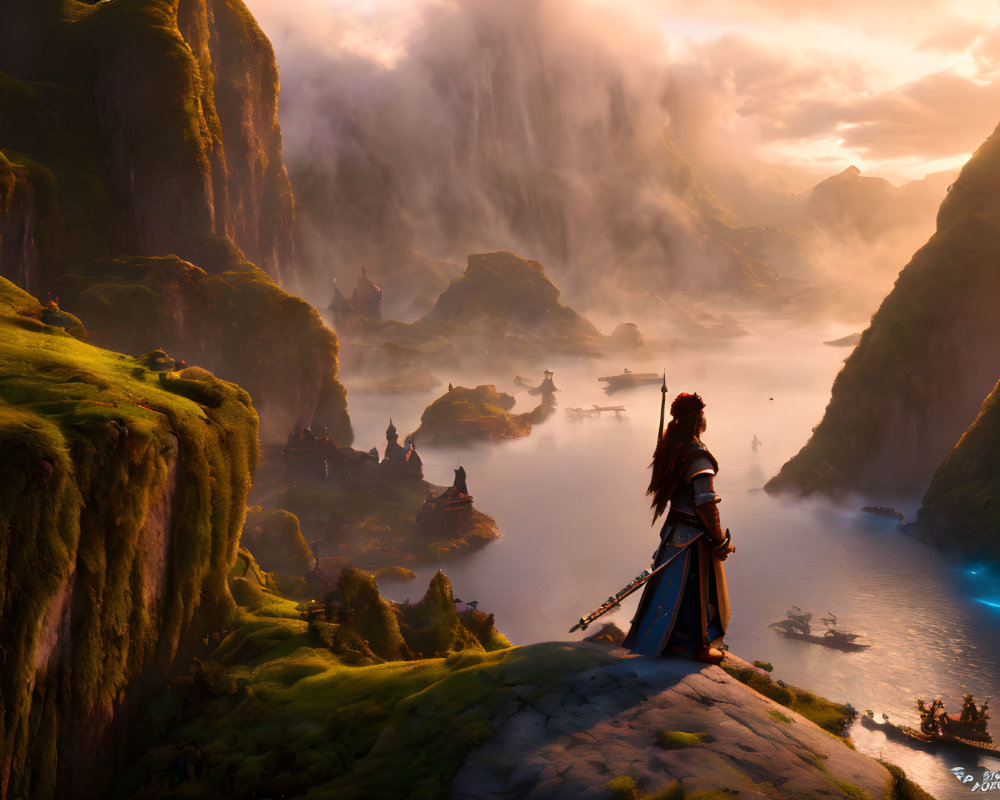 Warrior overlooking mystical valley with cliffs, misty waters, and ancient structures at sunrise or sunset