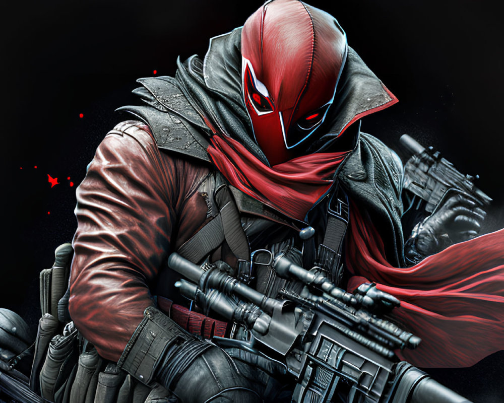 Masked Figure in Red and Black Armor with Futuristic Weapon on Dark Background