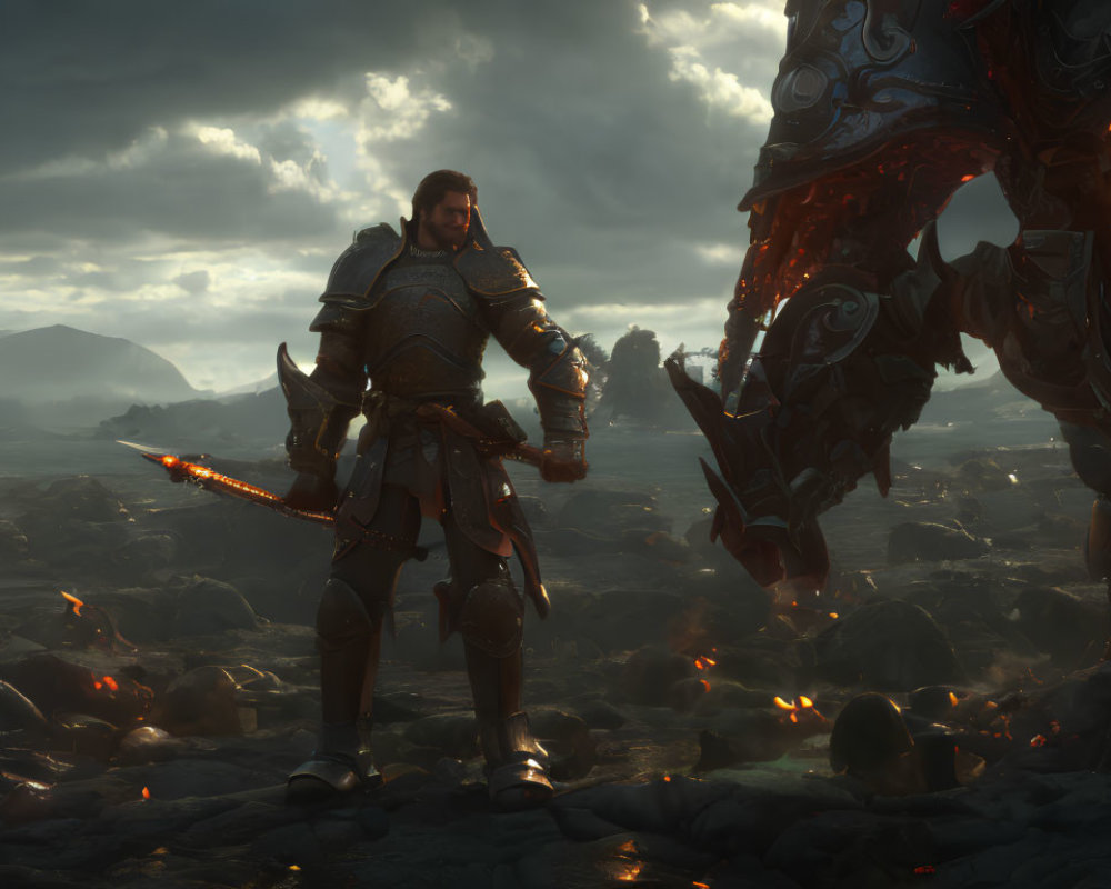 Armored knight faces fiery beast on rocky terrain with dramatic sky.