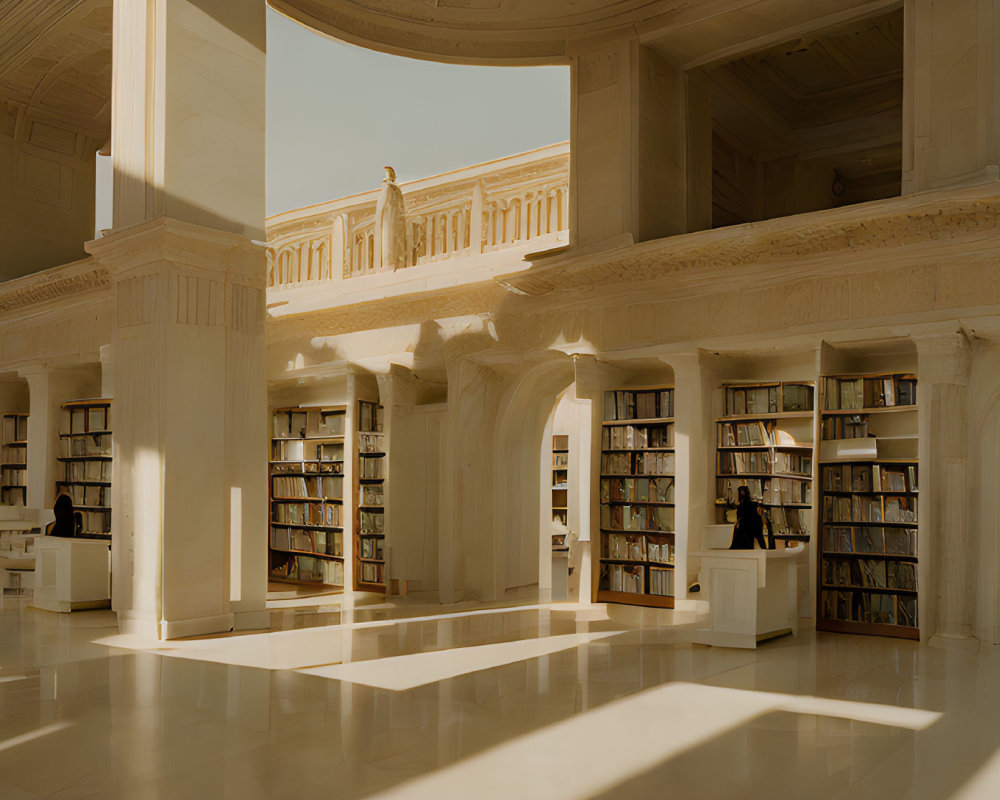 Sunlit library with arched doorways, towering bookshelves, and classical design.