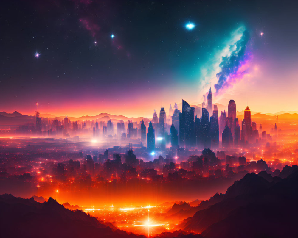 Vibrant twilight cityscape with colorful nebula and sparkling stars