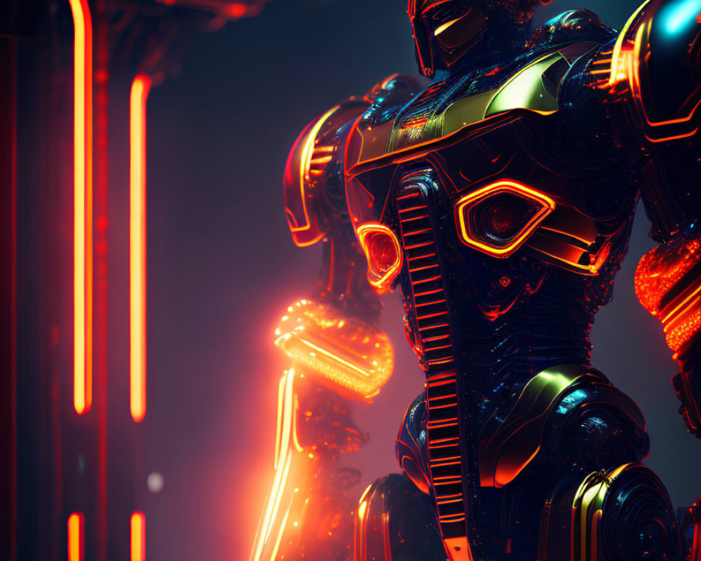 Futuristic robot with orange and blue lights on dark background