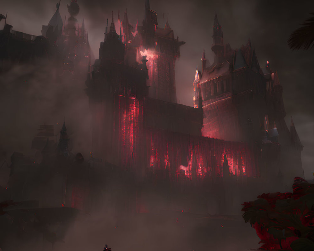 Ominous Castle with Red Lights and Solitary Figure in Foggy Setting