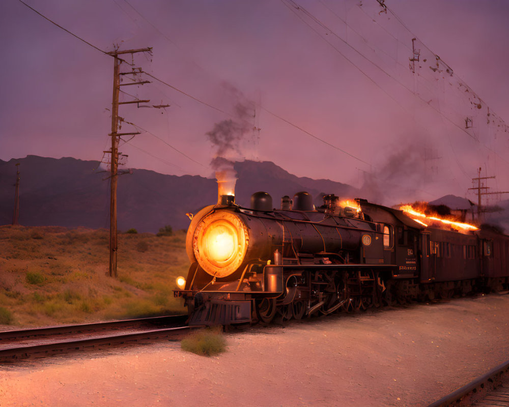 Vintage Steam Locomotive on Tracks at Twilight with Glowing Headlamp and Mountain Background