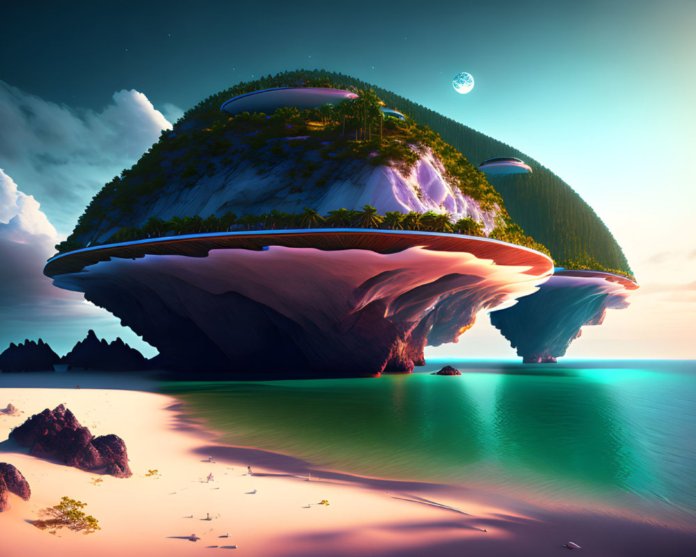 Surreal landscape with floating islands, lush greenery, beach, twilight sky, and moon