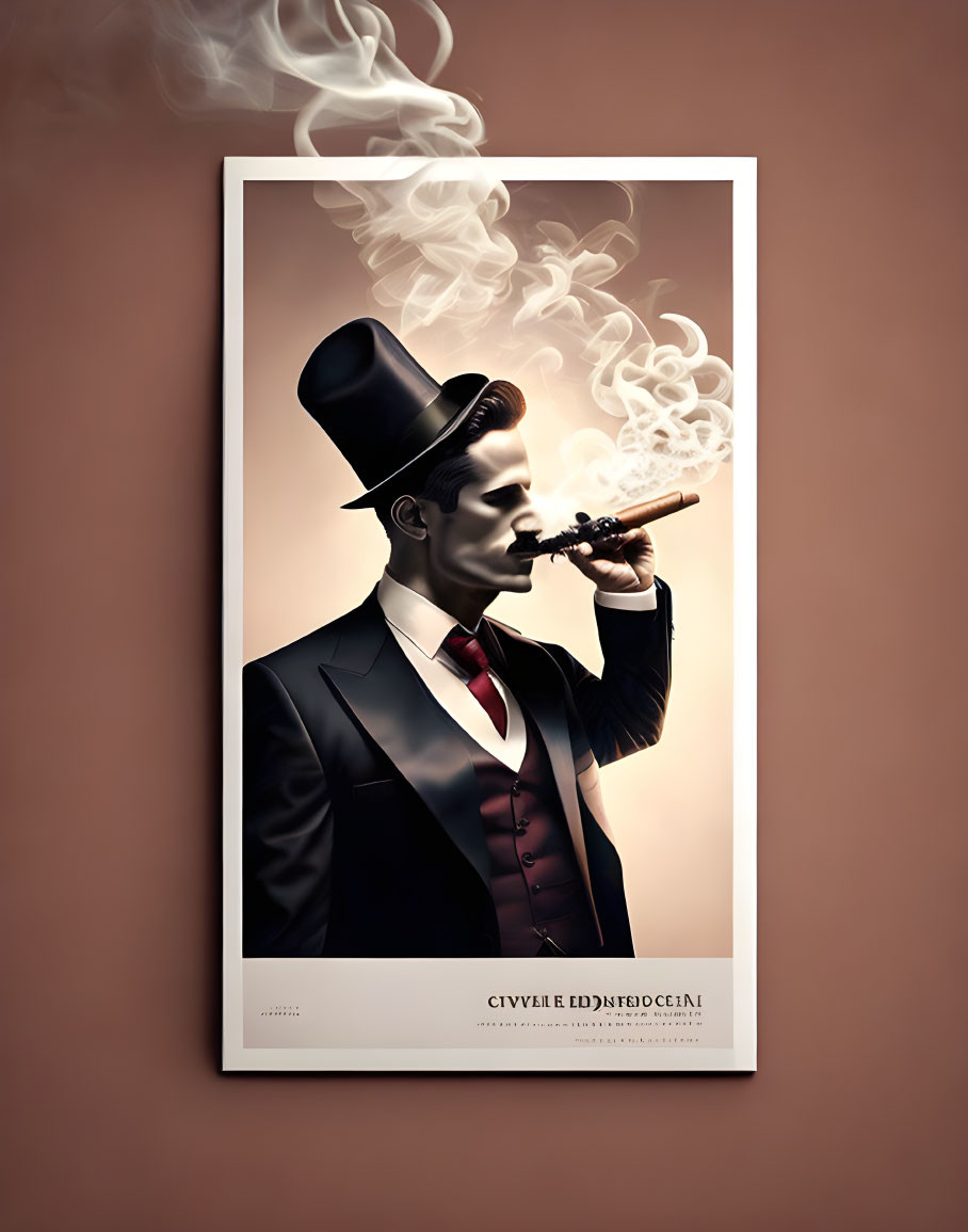 Stylized poster of man in top hat smoking cigar on plain background with swirling smoke and text.