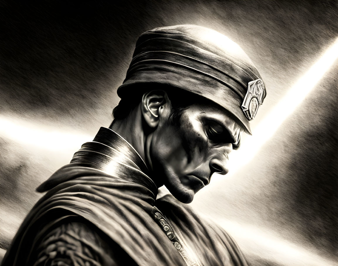Monochrome image: Person in military uniform and turban, dramatic lighting