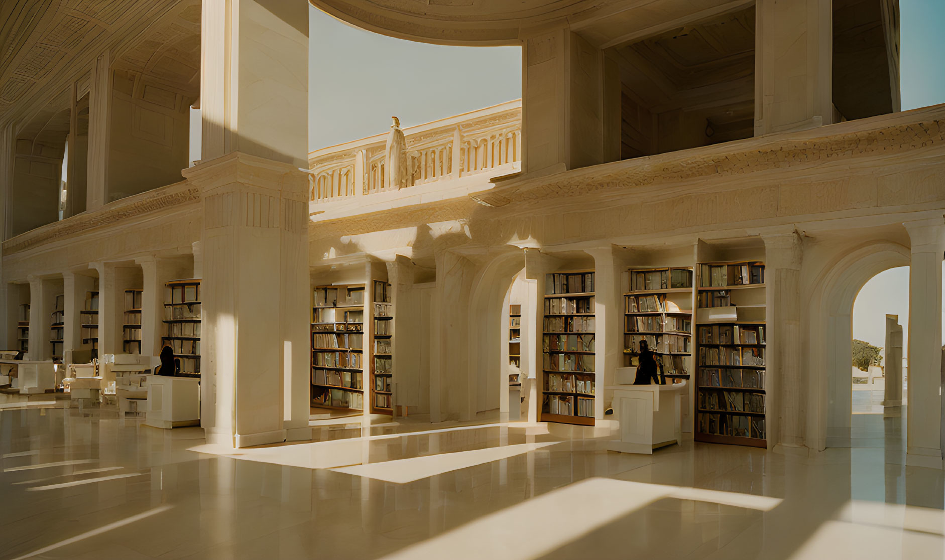 Sunlit library with arched doorways, towering bookshelves, and classical design.