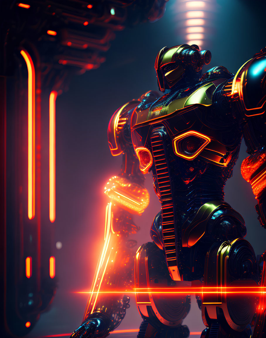 Futuristic robot with orange and blue lights on dark background