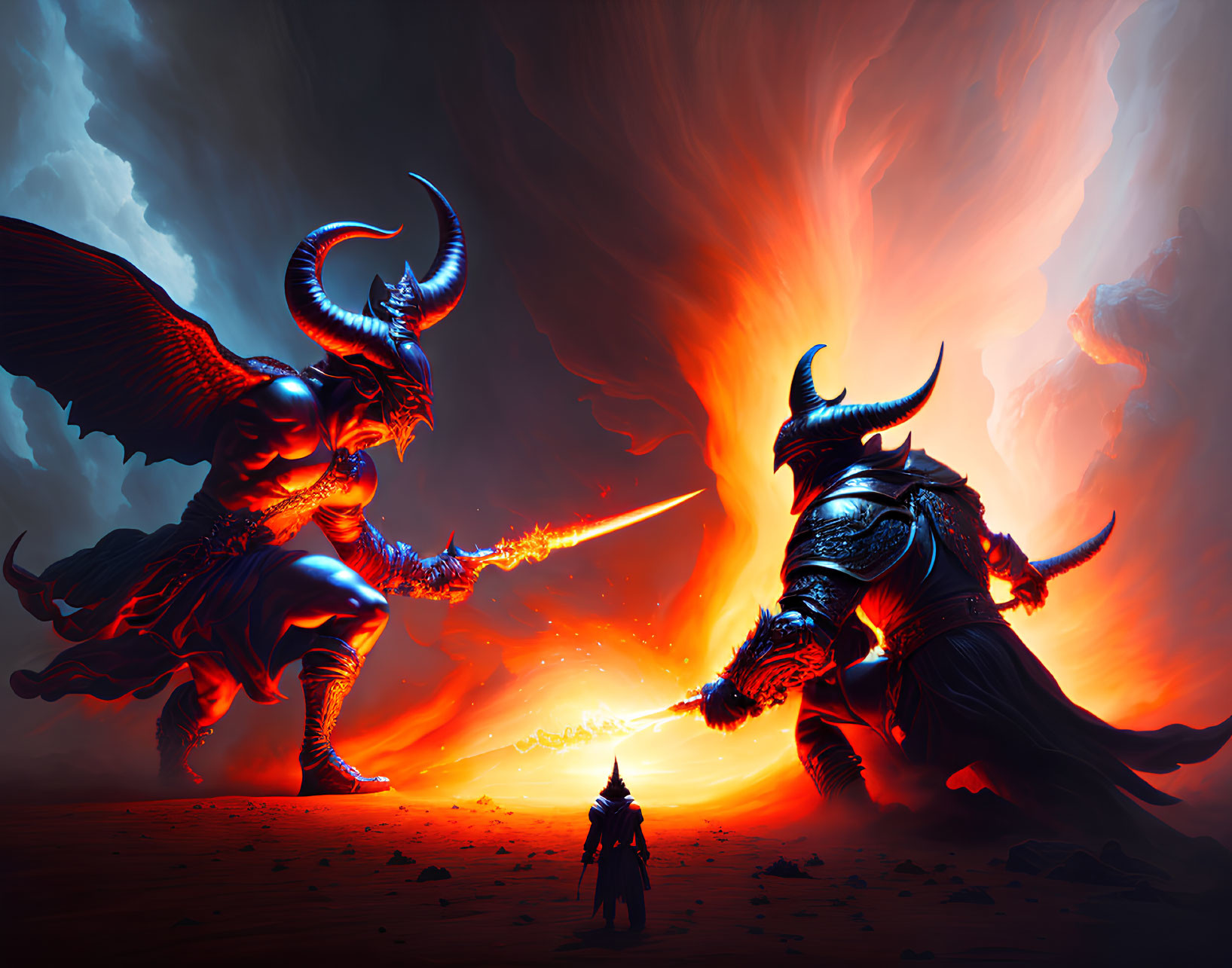 Horned warriors in combat with fiery weapons under red sky