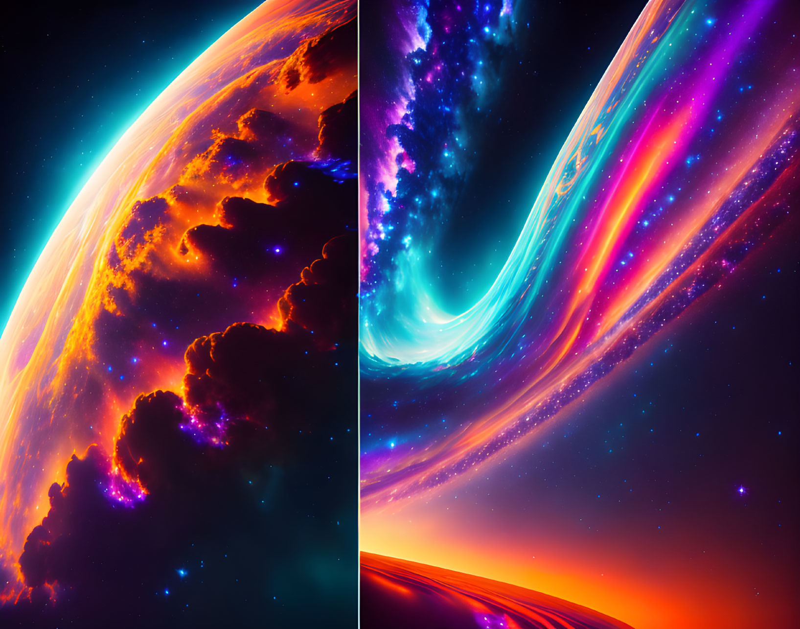 Colorful cosmic digital artwork with radiant planet, fiery atmosphere, vivid nebulae, and dynamic swirl