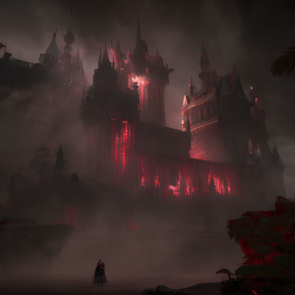 Ominous Castle with Red Lights and Solitary Figure in Foggy Setting