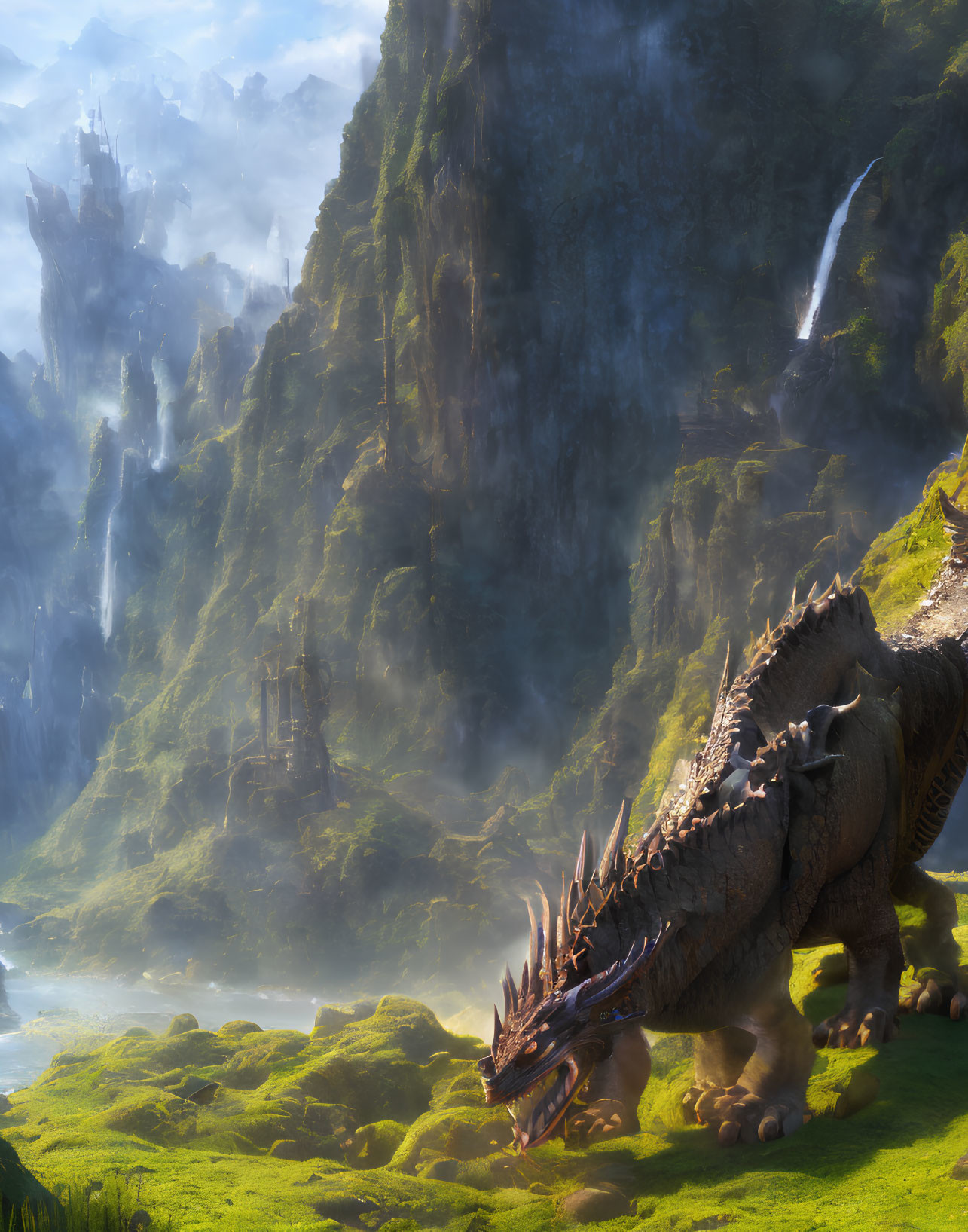 Majestic dragon with horns and spiky scales in lush fantasy landscape