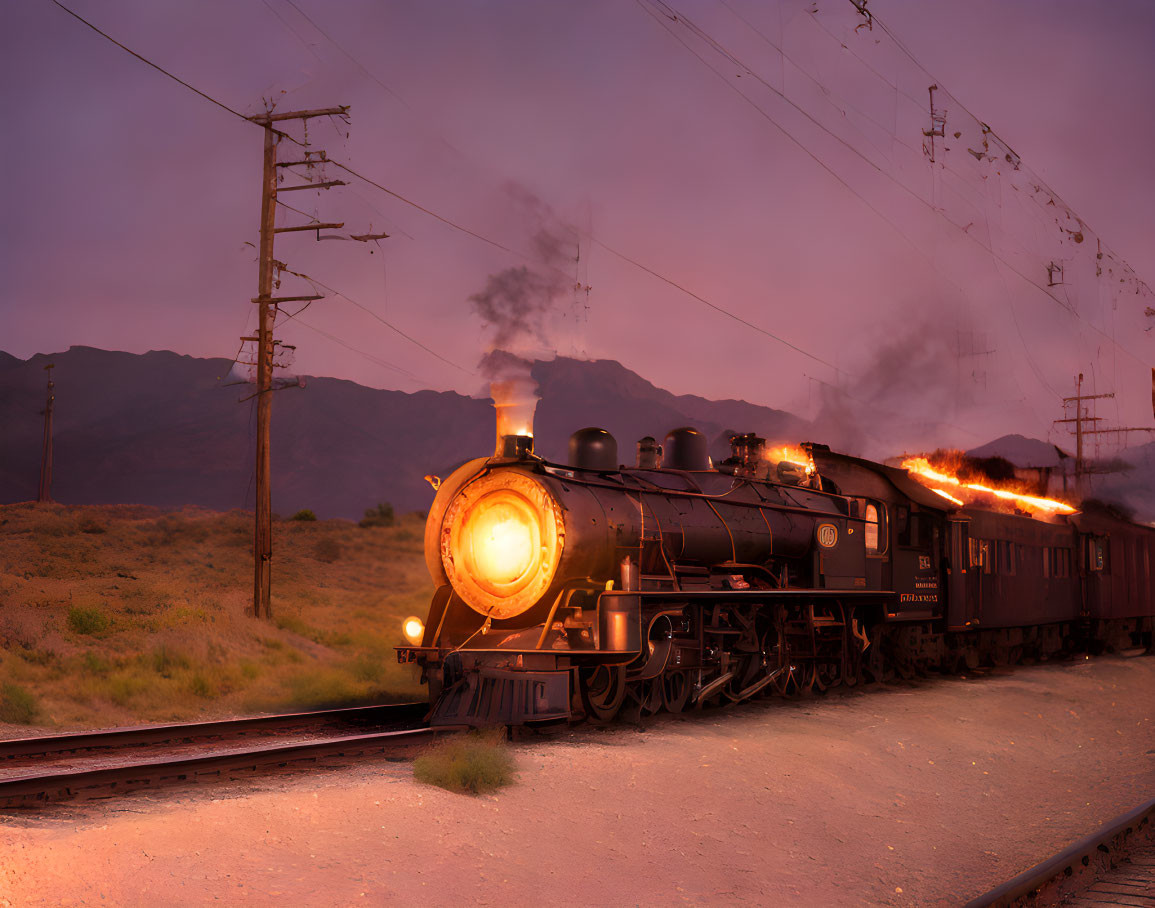 Vintage Steam Locomotive on Tracks at Twilight with Glowing Headlamp and Mountain Background