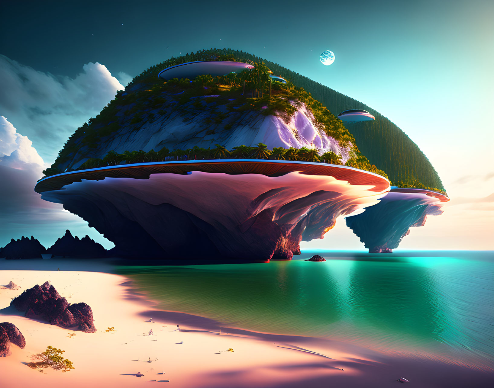 Surreal landscape with floating islands, lush greenery, beach, twilight sky, and moon
