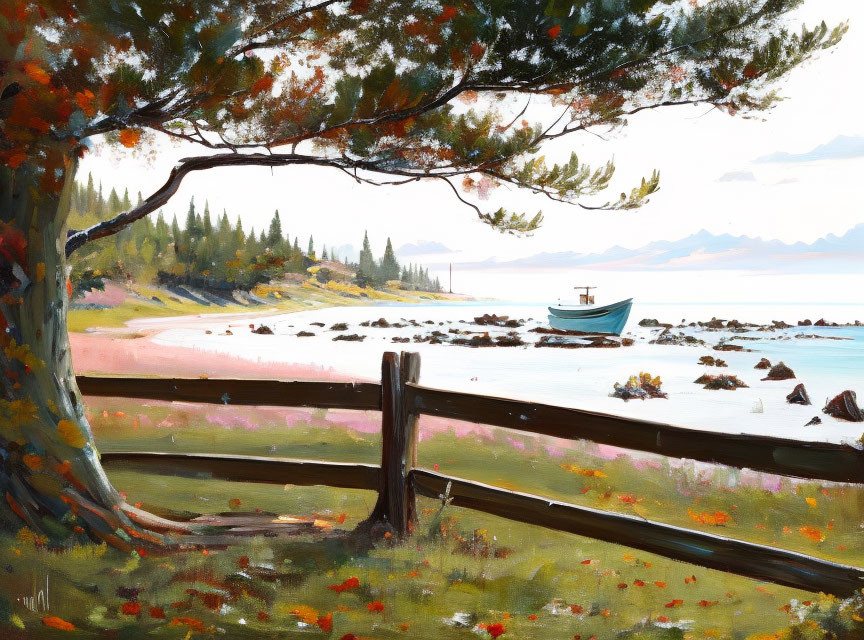 Scenic beach painting with boat, trees, fence, and mountains