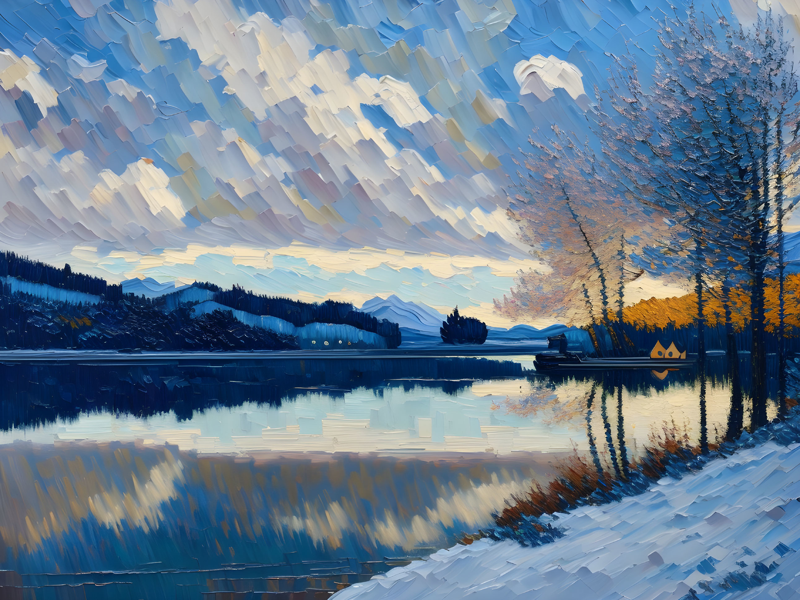 Tranquil winter lake scene with snow-covered trees at dusk