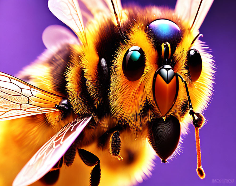 Detailed bee with shiny eyes and delicate wings on purple background