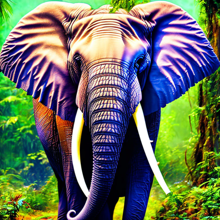 Close-up of elephant with large tusks and flared ears in lush green jungle