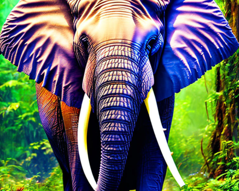 Close-up of elephant with large tusks and flared ears in lush green jungle