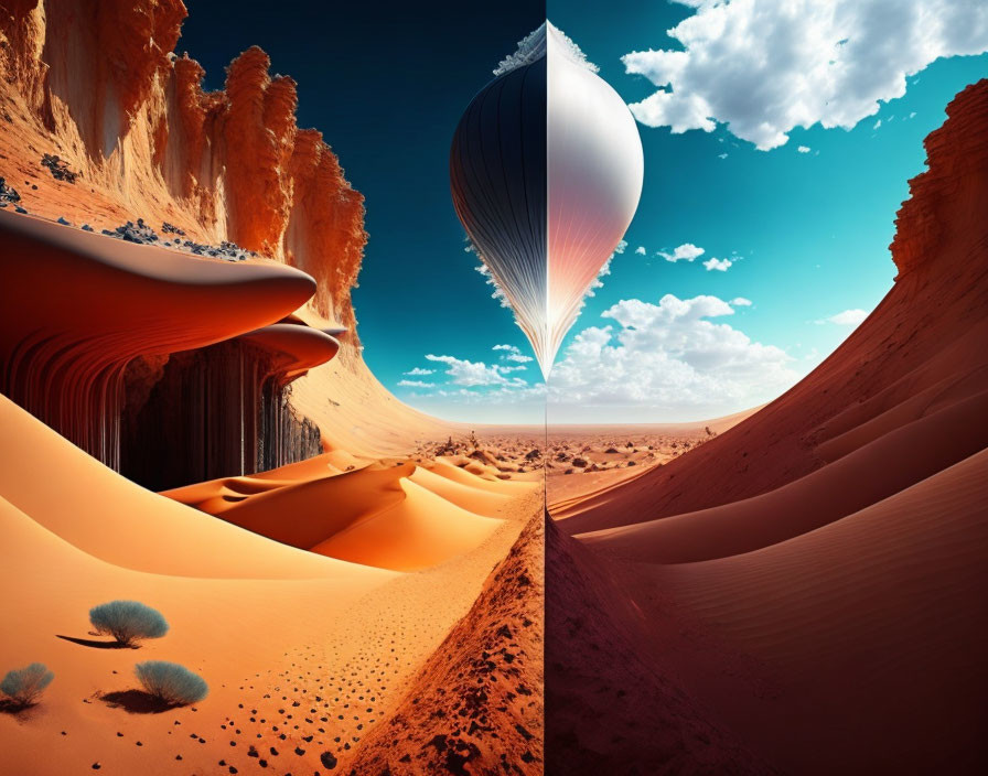 Surreal desert landscape with teardrop hot air balloon