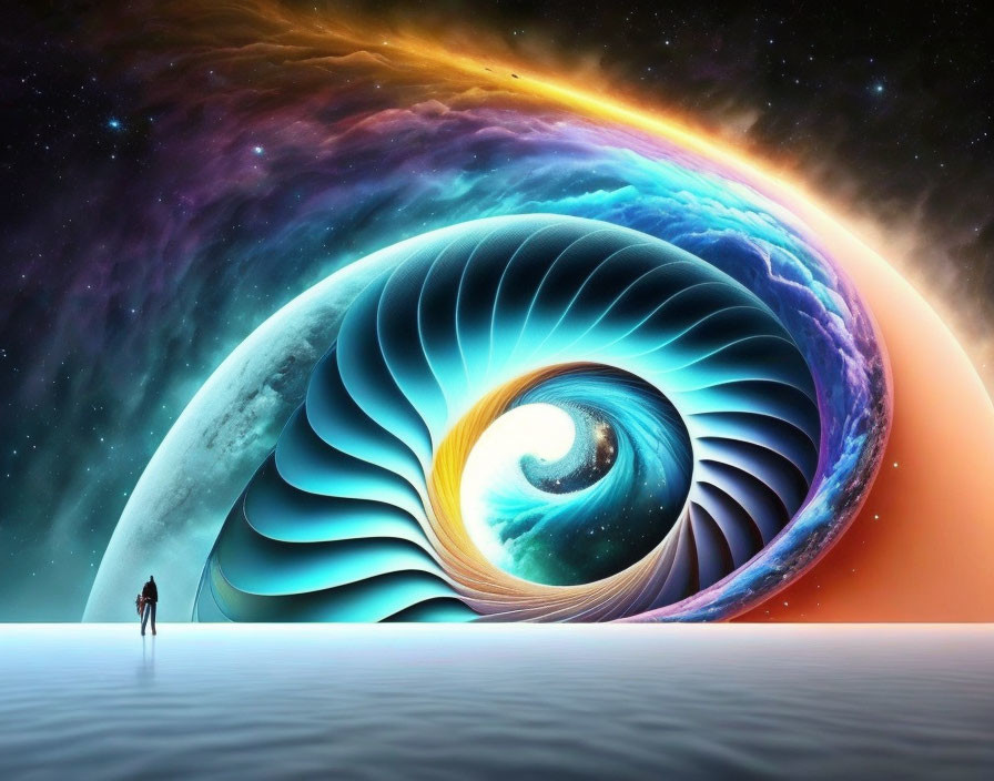 Vibrant cosmic spiral with celestial bodies in surreal setting