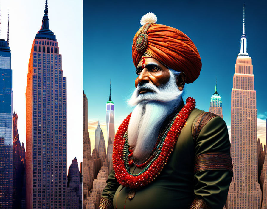 Digital Artwork: Traditional Indian Man in Turban with NYC Skyscrapers