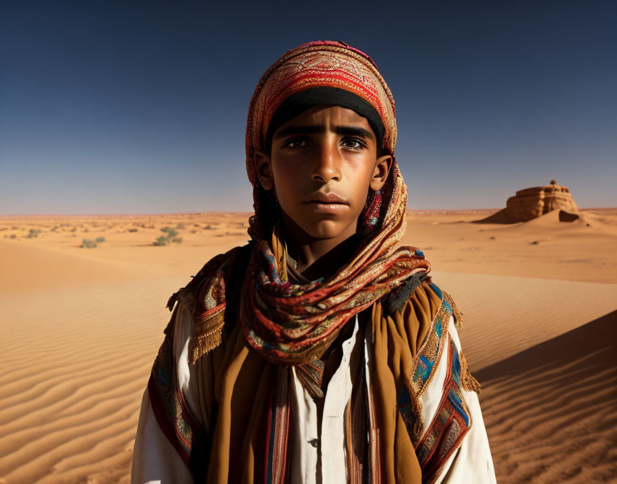 Young person in headscarf and traditional attire in desert landscape