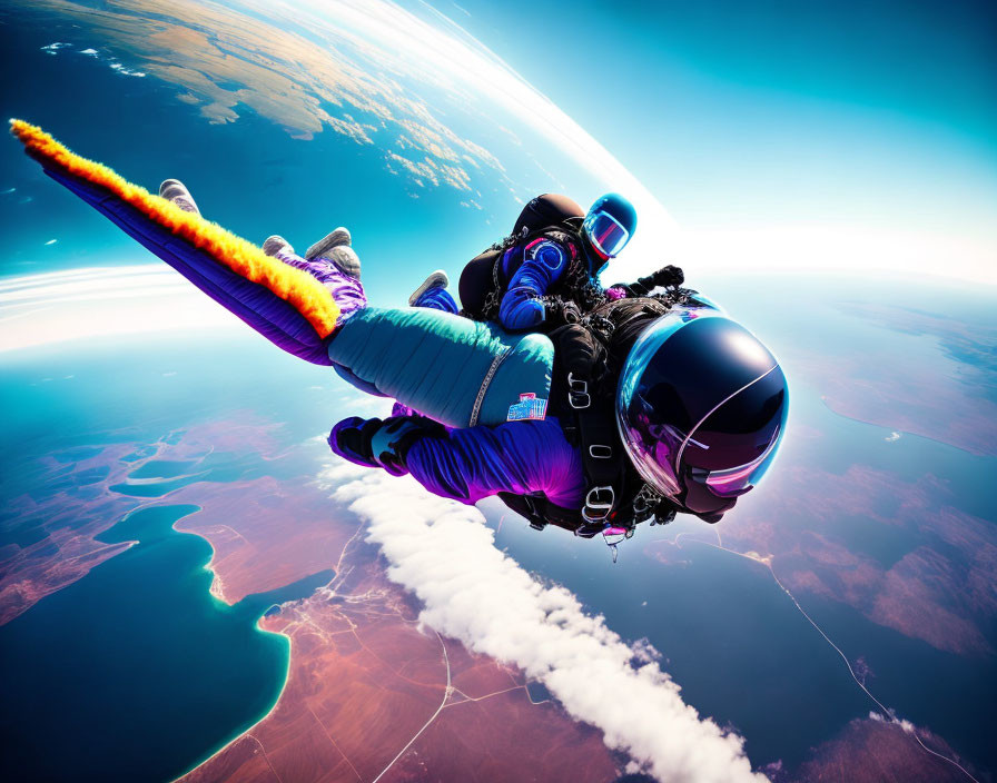 Skydiver in blue suit with orange smoke trail against blue sky