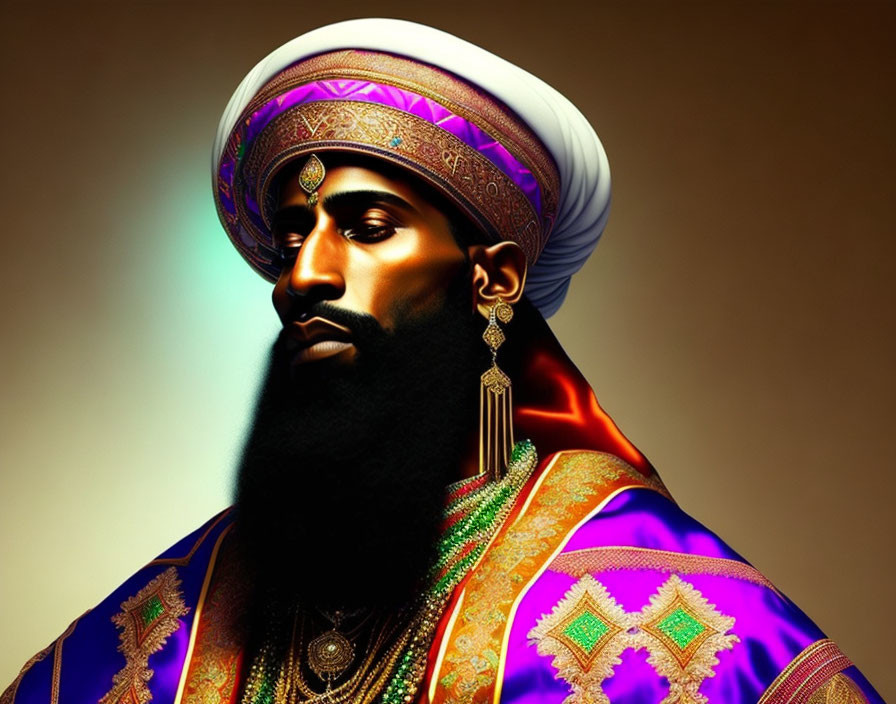 Bearded man in vibrant turban and robe against warm backdrop