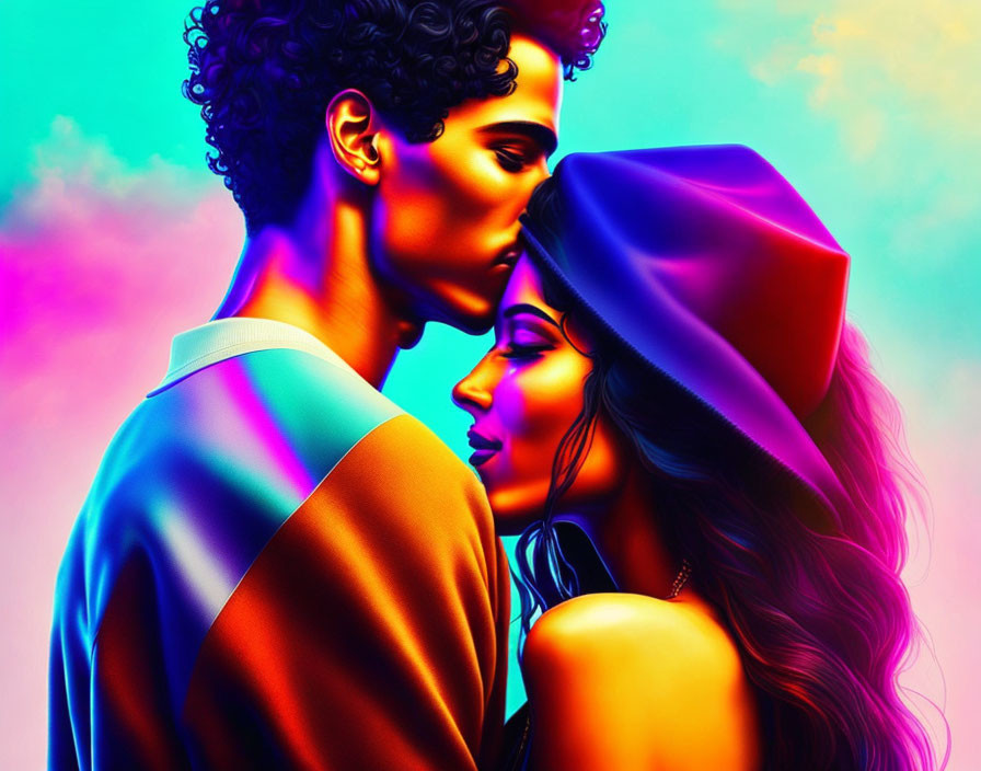 Colorful Artwork: Romantic Couple Embracing, Man Kissing Woman's Forehead