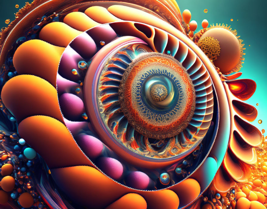 Colorful swirling fractal design with eye-like center and spherical patterns