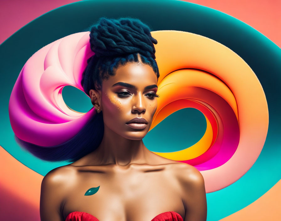 Stylish woman with colorful swirl background in pastel hues