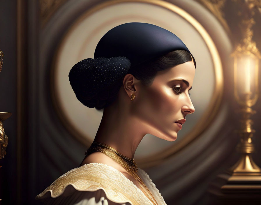 Profile of elegant woman with updo and black hat, cream dress with golden details, against ornate