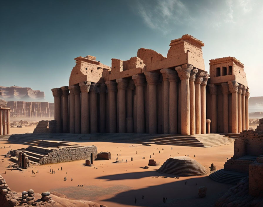 Towering columns and ruins in desert landscape under blue sky