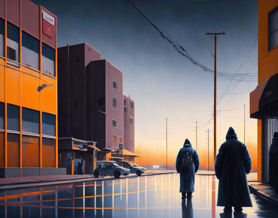 Two individuals in long coats walking on wet street at dusk with modern buildings and reflections.