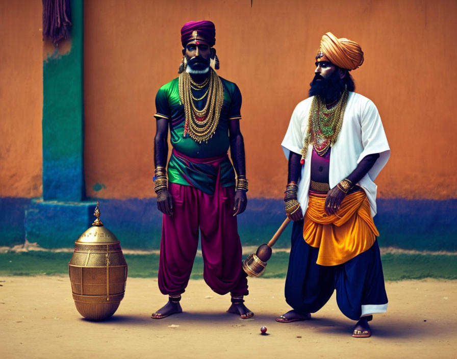 Men in traditional Indian attire with mace and pot against colorful wall.