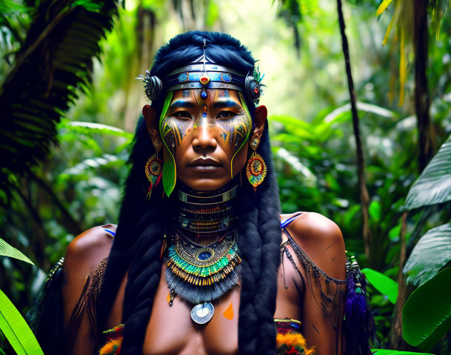 Indigenous person in traditional attire with face paint in lush green setting