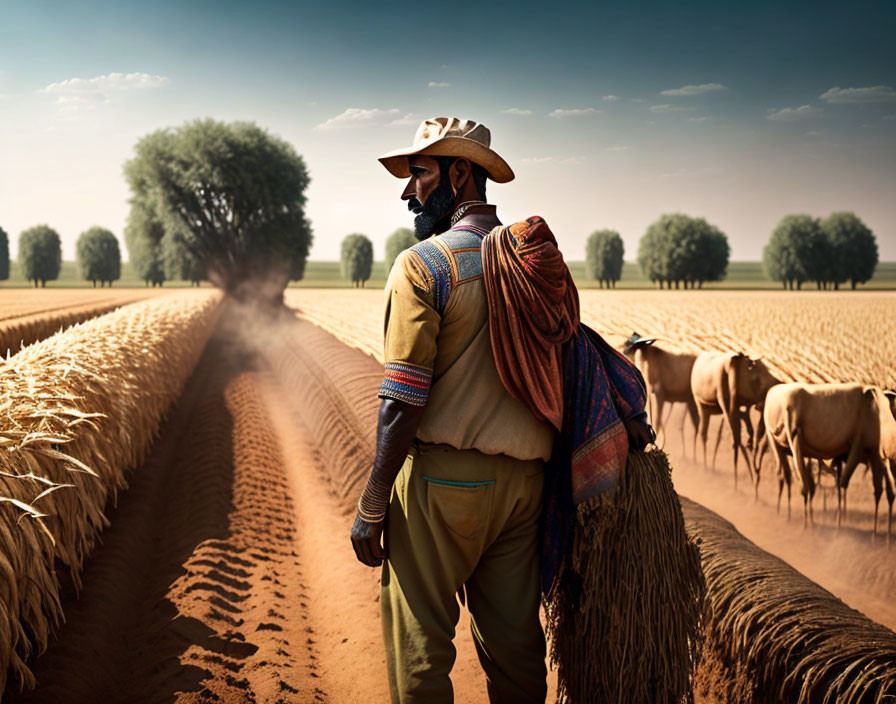 Traditional shepherd overseeing flock on rural path amid golden fields