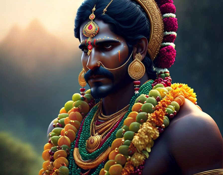 Blue-skinned man in Indian jewelry amidst forest at dusk