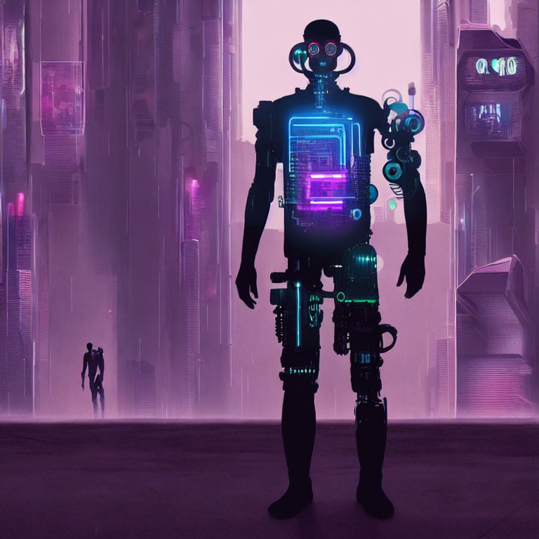 Transparent Futuristic Robot Revealing Internal Mechanics in Neon Cyberpunk Cityscape